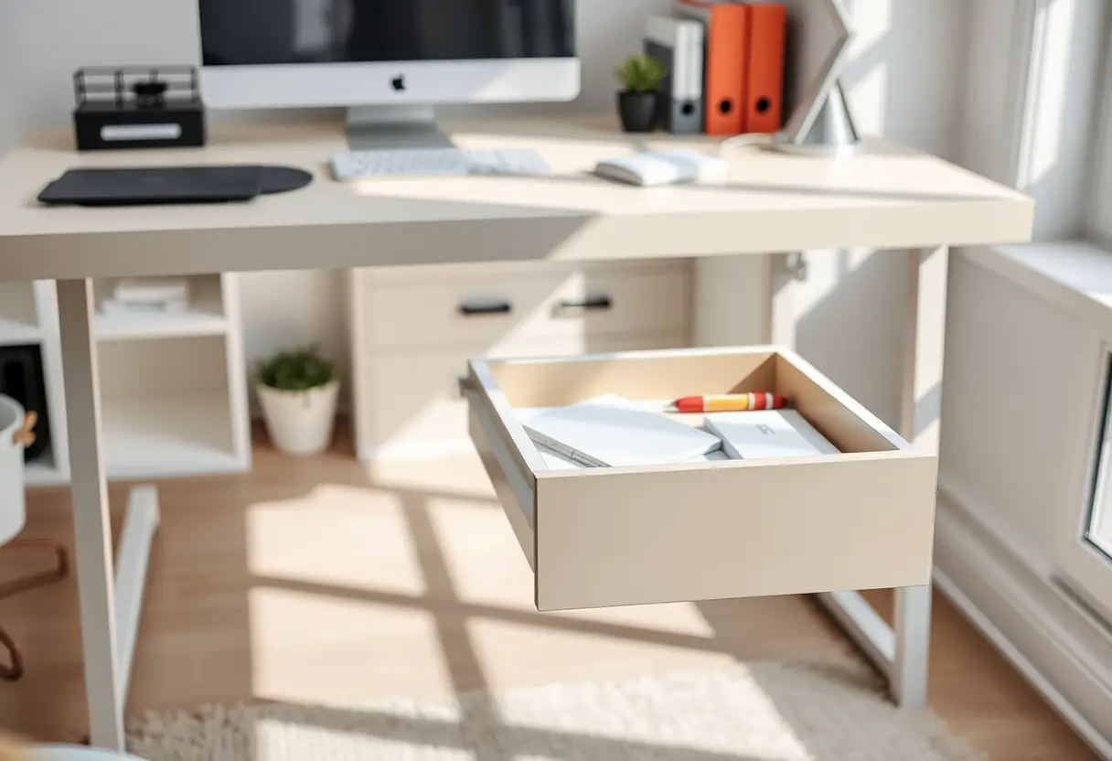 Dans un bureau lumineux, un tiroir à glissière centrale contient des articles de bureau bien rangés